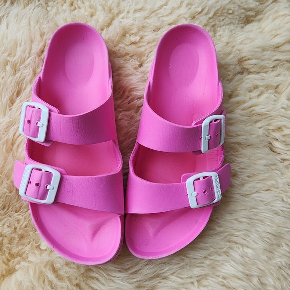 Birkenstock Shoes - Birkenstock Pink Double Strap Slide Sandals with White Buckles